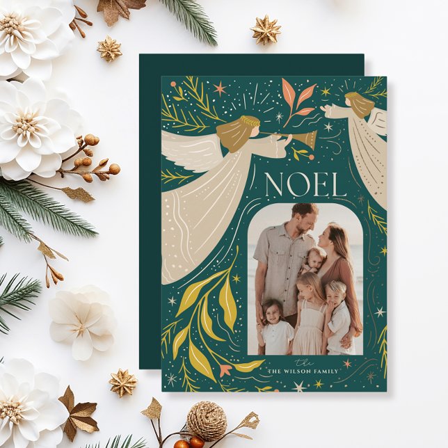 NOEL Änglar Teal 2 Fotojul Julkort (Skapare uppladdad)