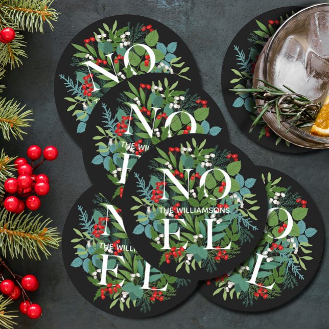 NOEL Berries Greenery Black Helgdag Underlägg Papper Rund (NOEL winter greenery and berries on black holiday round paper coasters)