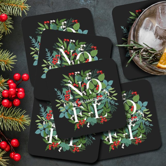 NOEL Berries Greenery Helgdag Black Underlägg Papper Kvadrat (NOEL winter greenery and berries on black holiday square paper coasters)