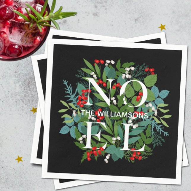 NOEL Berries Greenery Personlig Black jul Pappersservett (Skapare uppladdad)