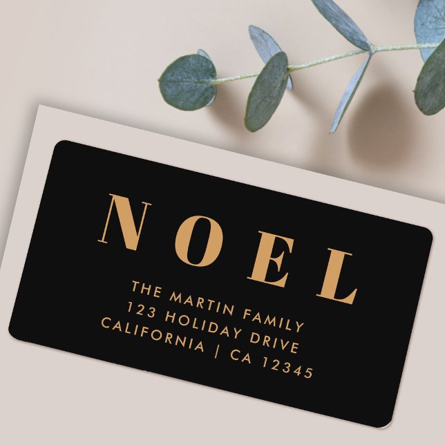 Noel Black och Guld | Juldagen Returadress Adressetikett (Luxe gold and black Noel return address labels by Guava for your modern holiday mail)