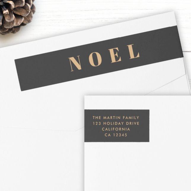 Noel Black och Guld | Juldagen Returadress Etikettband (Luxe gold and black Noel return address wrap labels by Guava for your modern holiday mail ✨)