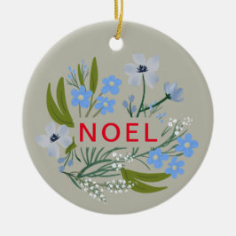 NOEL Efternamn Blå, röd blommig Julgransprydnad Keramik