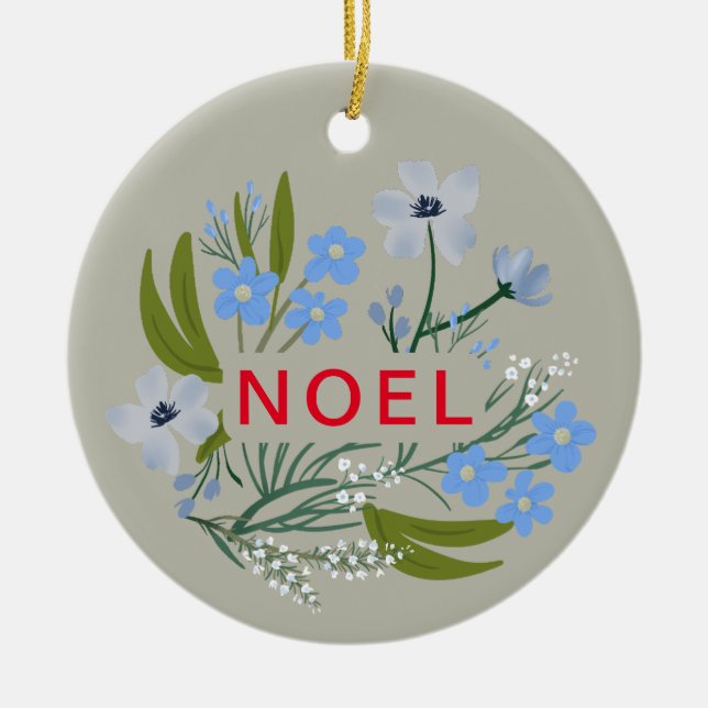 NOEL Efternamn Blå, röd blommig Julgransprydnad Keramik (Framsidan)
