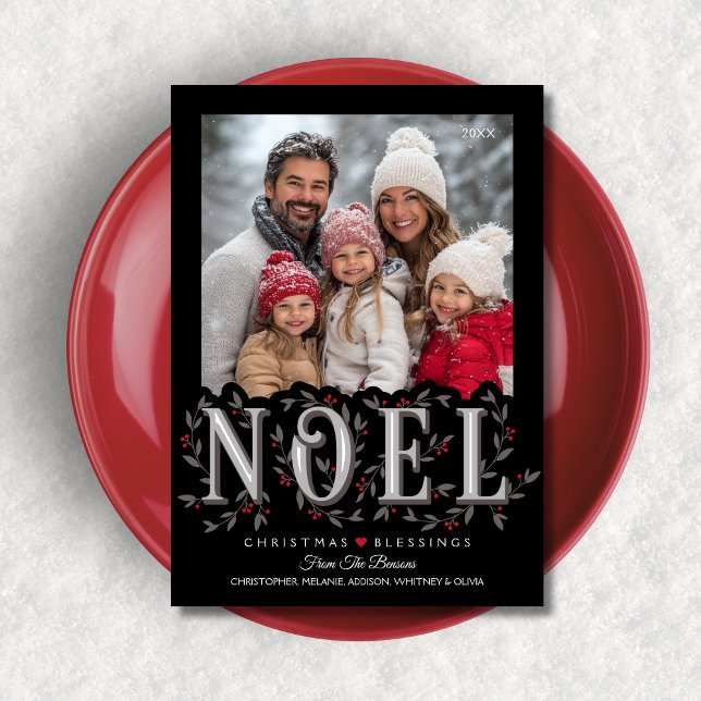 Noel Elegant Black Red Photo jul Card Kort (Shown on a 5" x 7" card)