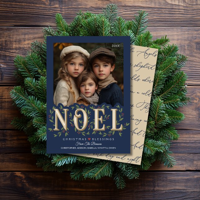 Noel Elegant Blue Photo jul Kort (Shown on a 5" x 7" card)