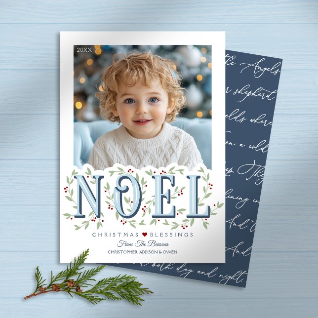 Noel Elegant Blue White Photo jul Card Kort (Shown on a 5" x 7" card)