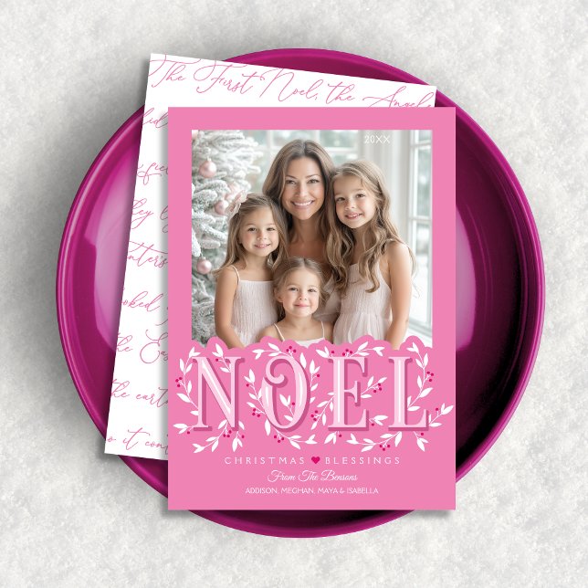 Noel Elegant Rosa White Photo jul Card Kort (Shown on a 5" x 7" card)