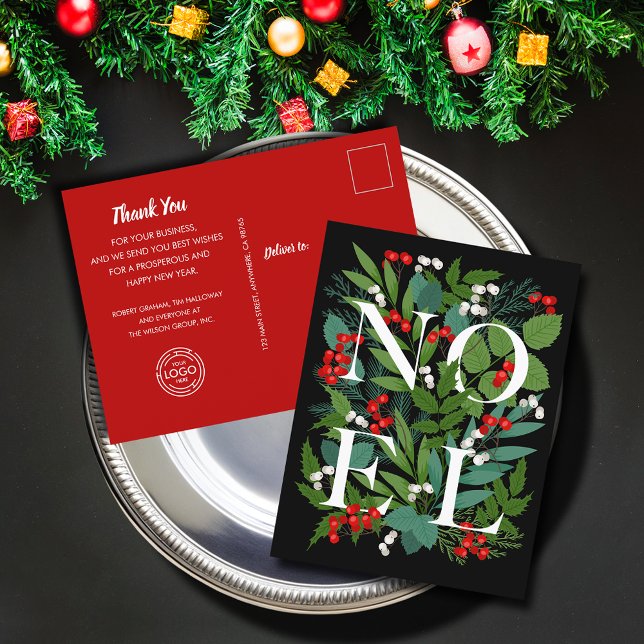 NOEL Greenery Business Hälsning Helgdag vykort (NOEL Greenery Business Greeting Holiday Postcards with your message and logo on the back)
