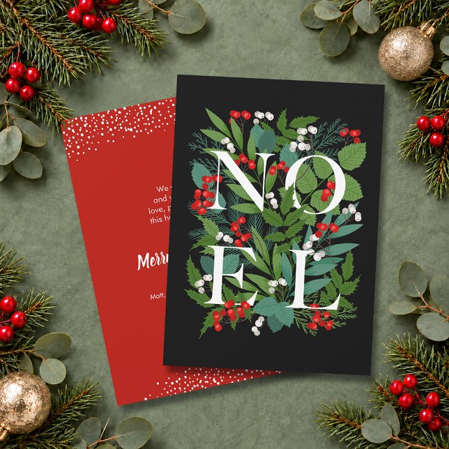 NOEL Grönska Bär Julkort (NOEL greenery and berries flat Christmas greeting cards, PRINTED and/or INSTANT DOWNLOAD)