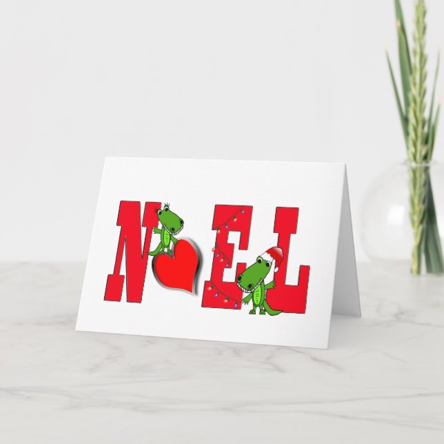 Noel Heart Cute Alligator Card på vitt Helgkort (Framsida)
