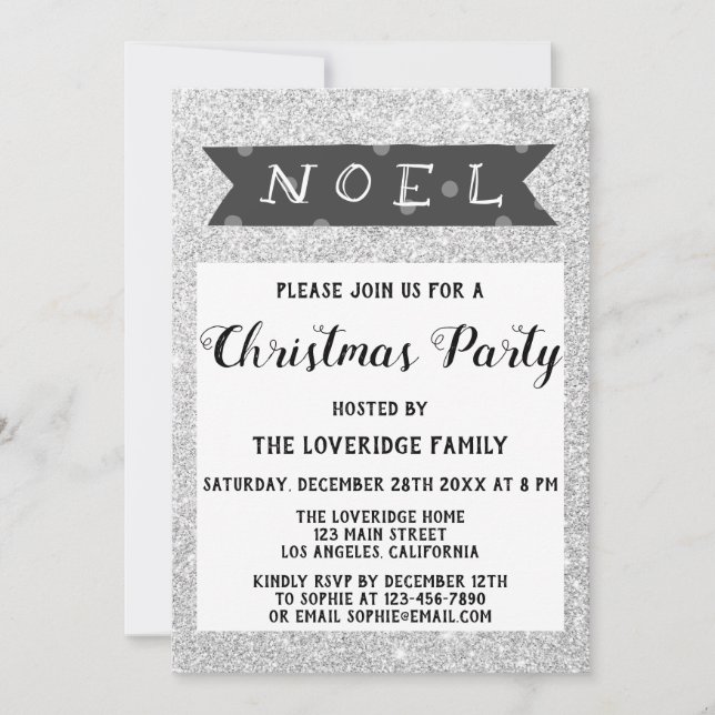 Noel Holiday Julfest Blå Silver Glitter Inbjudningar (Framsida)