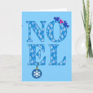 NOEL i ett blått julgransmönster Helgkort