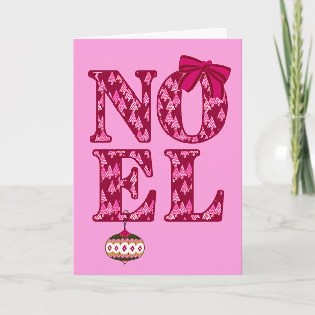 NOEL i ett burgunderrött julträdsmönster Helgkort (Framsida)