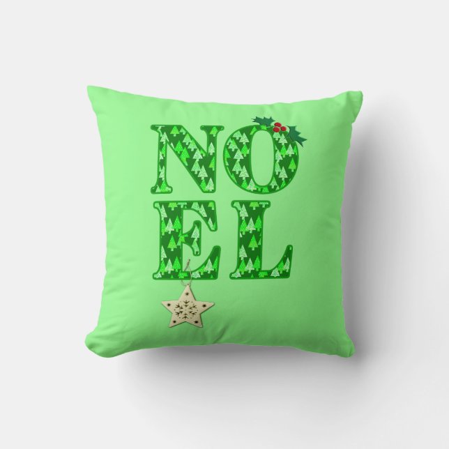 NOEL i GRÖNT JULGRAN MÖNSTER Kudde (Framsida)