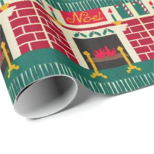 Noel Jul Fireplace Red Grönt Guld Crochet Presentpapper