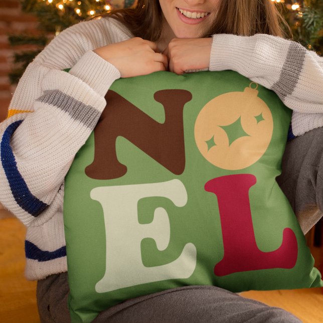 Noel Modern Festive Retro Typography-jul Kudde (This green pillow in retro colors spells out Noel in vintage typography.)