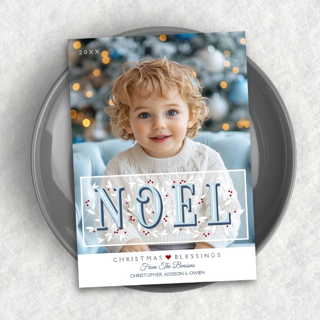 Noel Overlay Blue White Photo jul Card Kort (Shown on a 5" x 7" card)