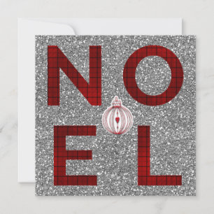 Noel Röd Tartan Randig Silver Glitter Jul Foto Julkort