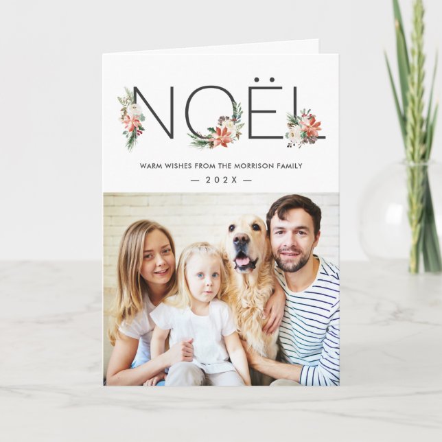 NOEL Typography Poinsettia Blommigt Photo Jul Helgkort (Framsida)