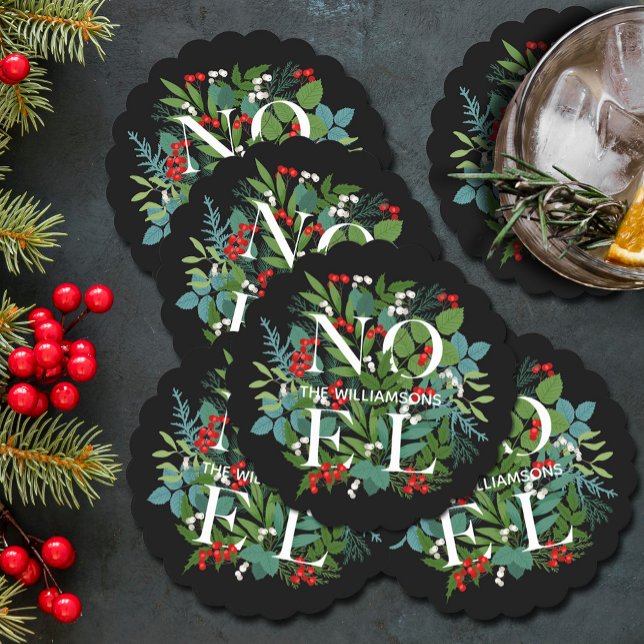 NOEL Winter Greenery Helgdag Black Underlägg Papper (NOEL winter greenery and berries on black holiday scalloped paper coasters)
