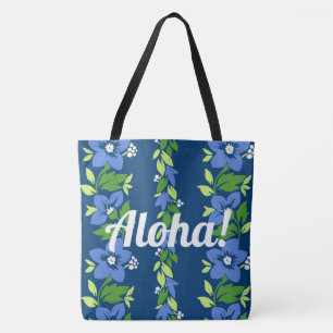 Noelani Lei Hawaiian Blommigt Rand Blue Tygkasse
