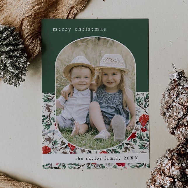 NOELLE Grönt Red Blommigt Family Photo jul Julkort (NOELLE Green Red Floral Family Photo Christmas Holiday Card)