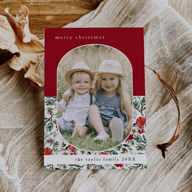 NOELLE Red Blommönster Family Photo jul Julkort (NOELLE Red Floral Pattern Family Photo Christmas Holiday Card)