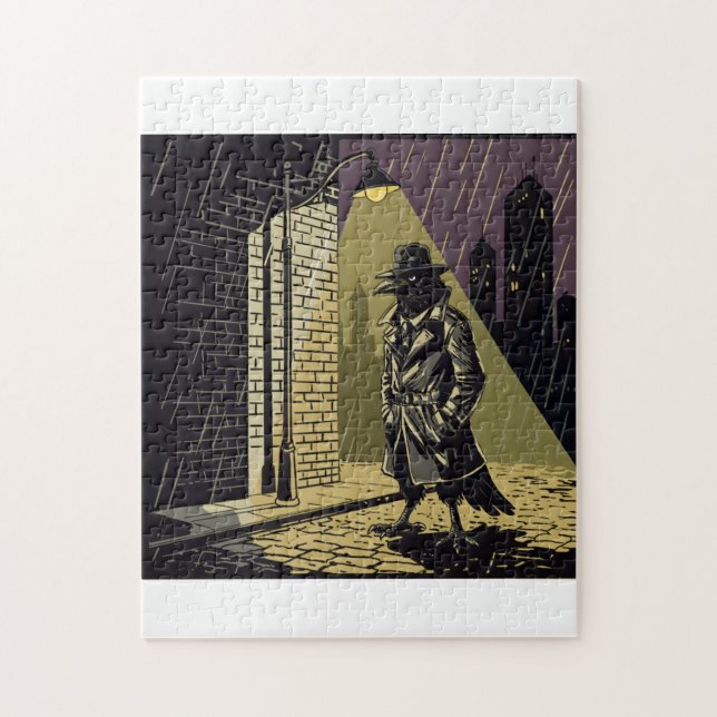 Noir Crow Detective in Rain Moody Comic Art Jigsaw Pussel (Vertikal)