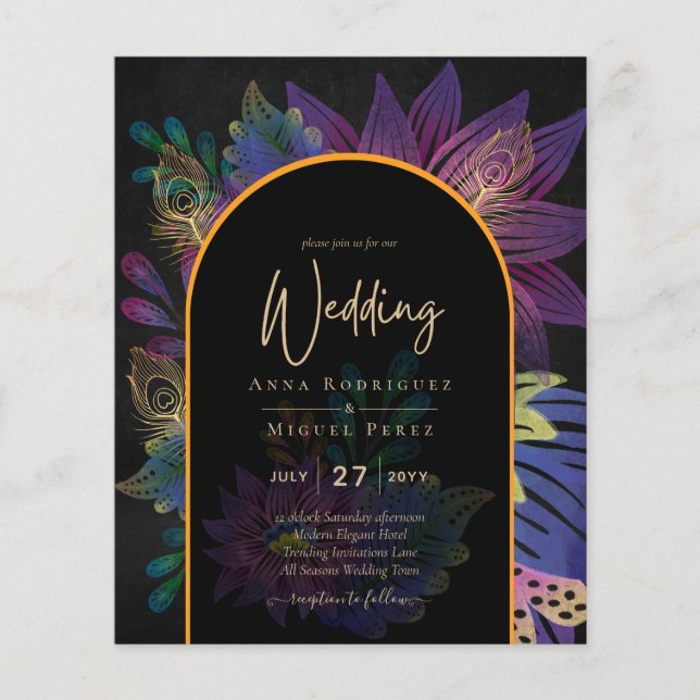 Noir Peacock Jewel Tones Blommigt Bröllop Flygblad (Framsidan)