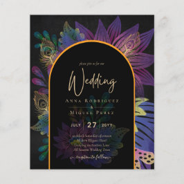 Noir Peacock Jewel Tones Blommigt Bröllop Flygblad