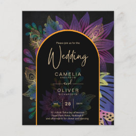 Noir Peacock Jewel Tones Blommigt Bröllop Flygblad