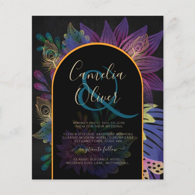 Noir Peacock Jewel Tones Blommigt Bröllop Flygblad (Framsidan)