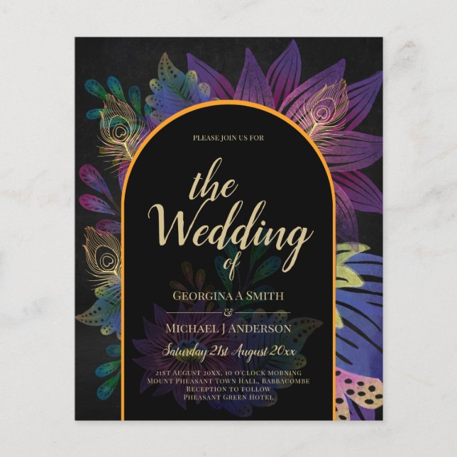Noir Peacock Jewel Tones Blommigt Bröllop Flygblad (Framsidan)