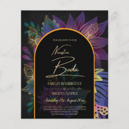 Noir Peacock Jewel Tones Blommigt Bröllop Flygblad