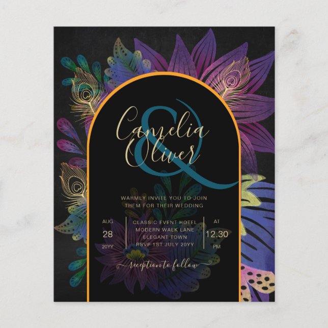 Noir Peacock Jewel Tones Blommigt Bröllop Flygblad (Framsidan)