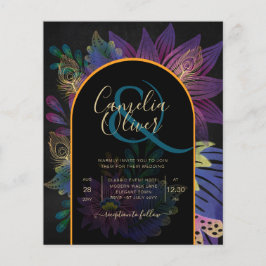 Noir Peacock Jewel Tones Blommigt Bröllop Flygblad