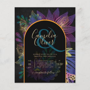 Noir Peacock Jewel Tones Blommigt Bröllop Flygblad