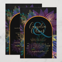 Noir Peacock Jewel Tones Blommigt Bröllop Inbjudningar