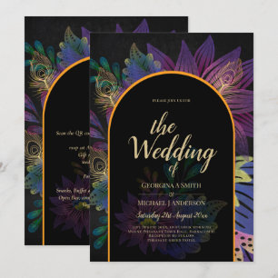 Noir Peacock Jewel Tones Blommigt Bröllop Inbjudningar