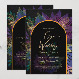 Noir Peacock Jewel Tones Blommigt Bröllop Inbjudningar