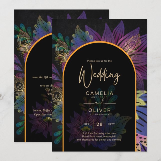 Noir Peacock Jewel Tones Blommigt Bröllop Inbjudningar (Fram/baksida)