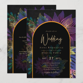 Noir Peacock Jewel Tones Blommigt Bröllop Inbjudningar