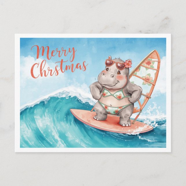 Nöjd surfare på surfbräda på julledighet  helg vykort (Framsida)