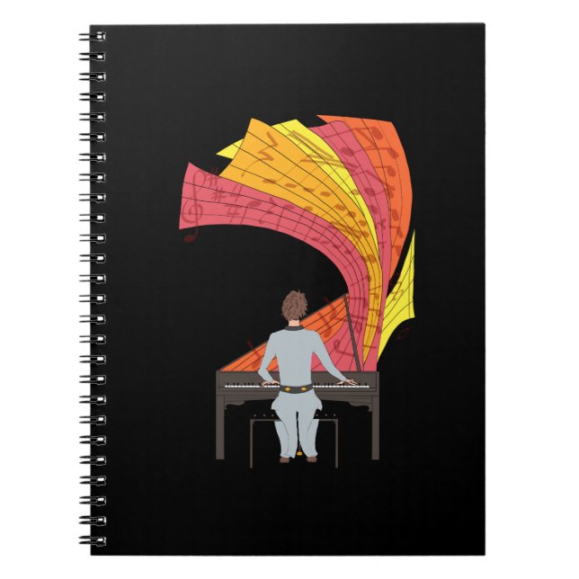 Nöjet med att spela pianoillustration (svart) anteckningsbok med spiral (Framsidan)