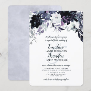 Noktotal Blommigt Navy Dusty Blue Blommigt Bröllop Inbjudningar