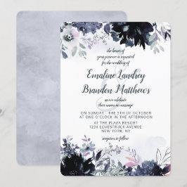 Nokvändbar Blommigt Vatercolor Dusty Blue Bröllop Inbjudningar