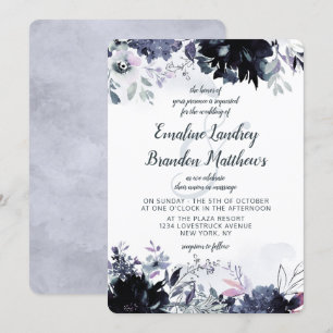 Nokvändbar Blommigt Vatercolor Dusty Blue Bröllop Inbjudningar