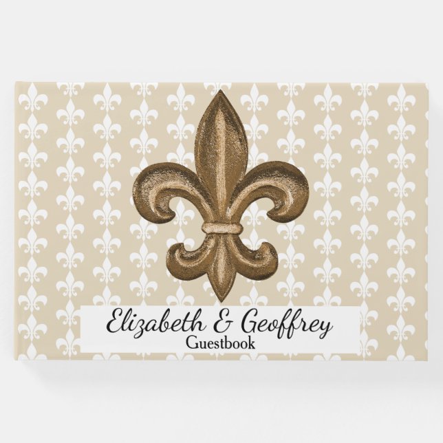 Nola Guld & White Fransk Fleur De Lis Bröllop Gästböcker (Framsida)