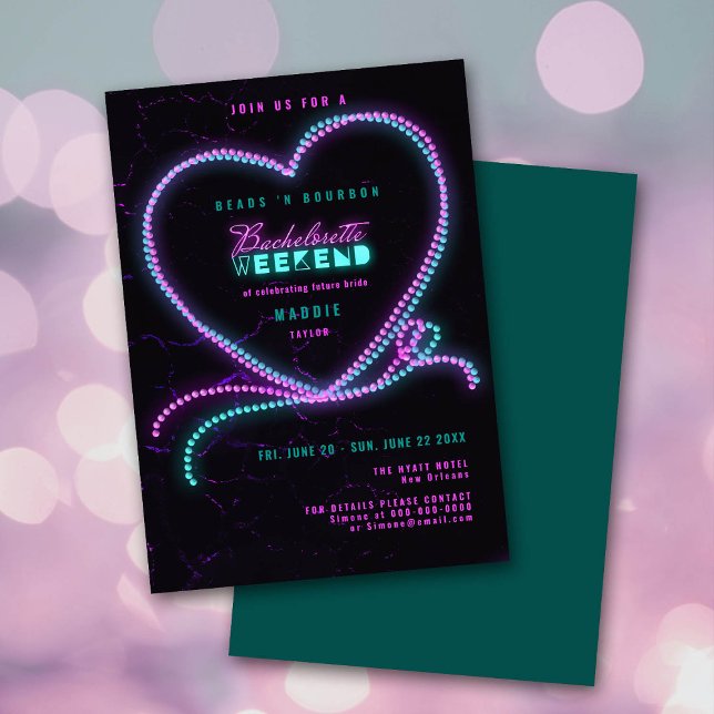 Nola Pärlor Bourbon Neon Heart Bachelorette Helg Inbjudningar (Skapare uppladdad)
